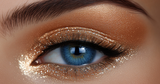 Gros plan sur un œil bleu maquillé avec des ombres cuivrées et scintillantes, illustrant la beauté d’un regard sublimé grâce aux soins doux et au maquillage naturel, sublime ton regard naturellement.
