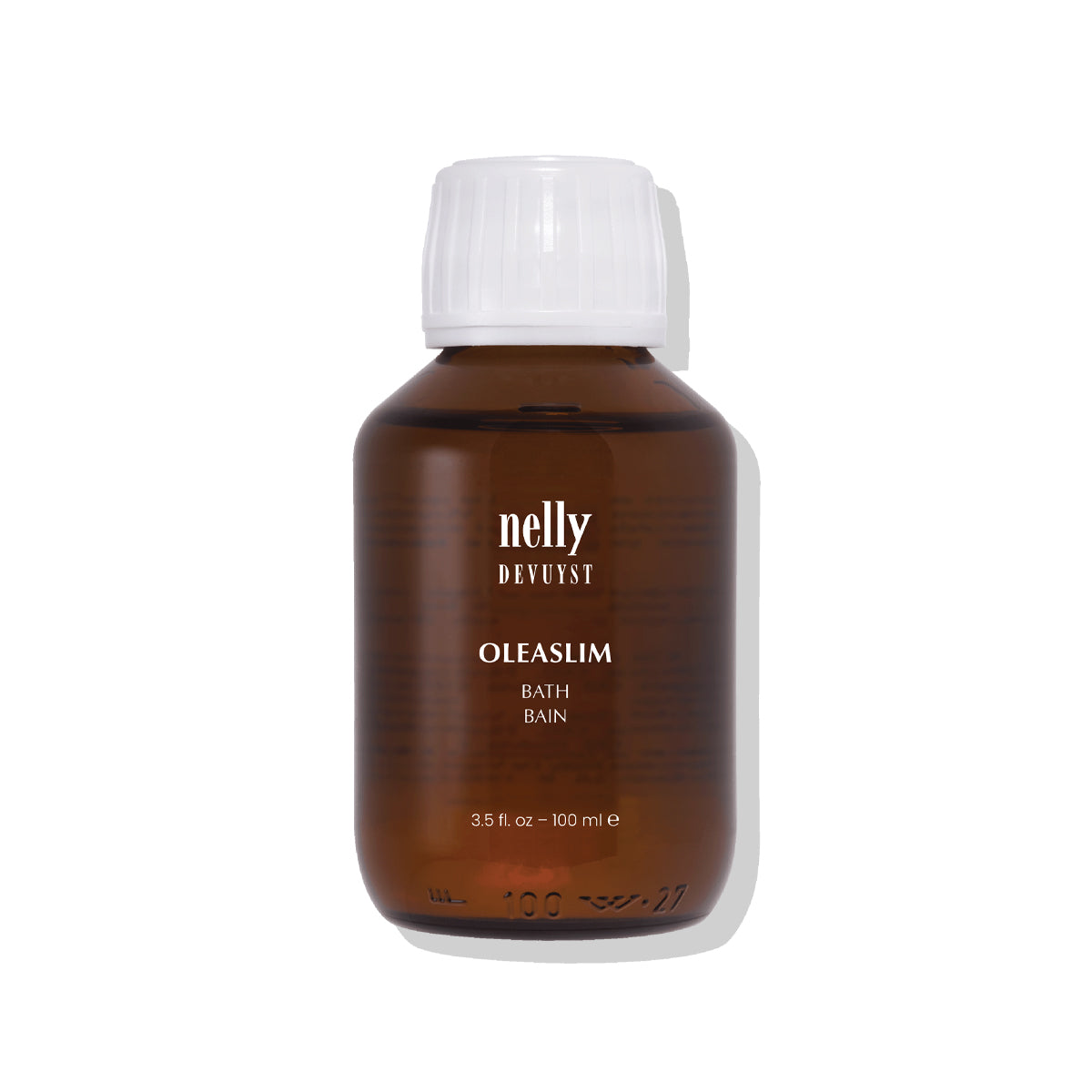 Flacon ambré 100 ml du Bain Oléaslim Nelly Devuyst, bain moussant raffermissant aux huiles essentielles de gingembre, cannelle et santal pour peau mature.