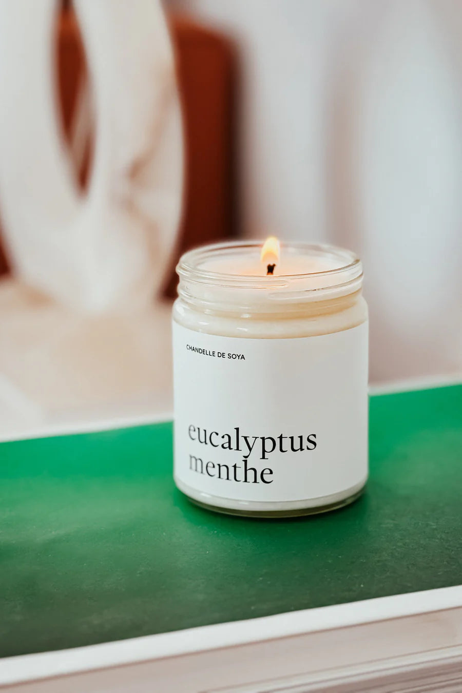 Une chandelle de soya eucalyptus menthe, posée sur une table verte, offrant un parfum apaisant et rafraîchissant.