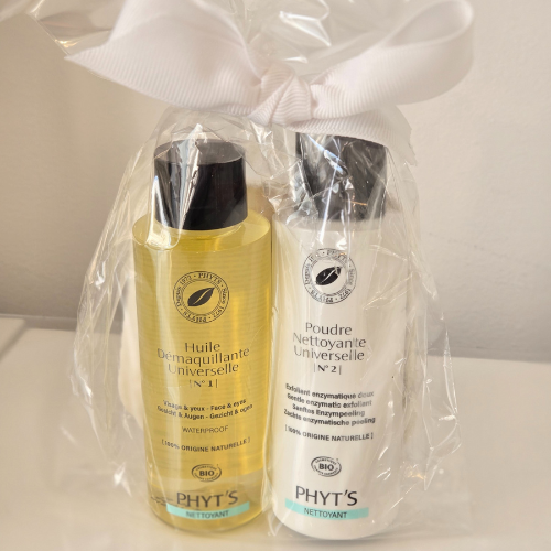 Duo Huile Démaquillante N°1 et Poudre Nettoyante N°2 dans un emballage festif prêt à offrir