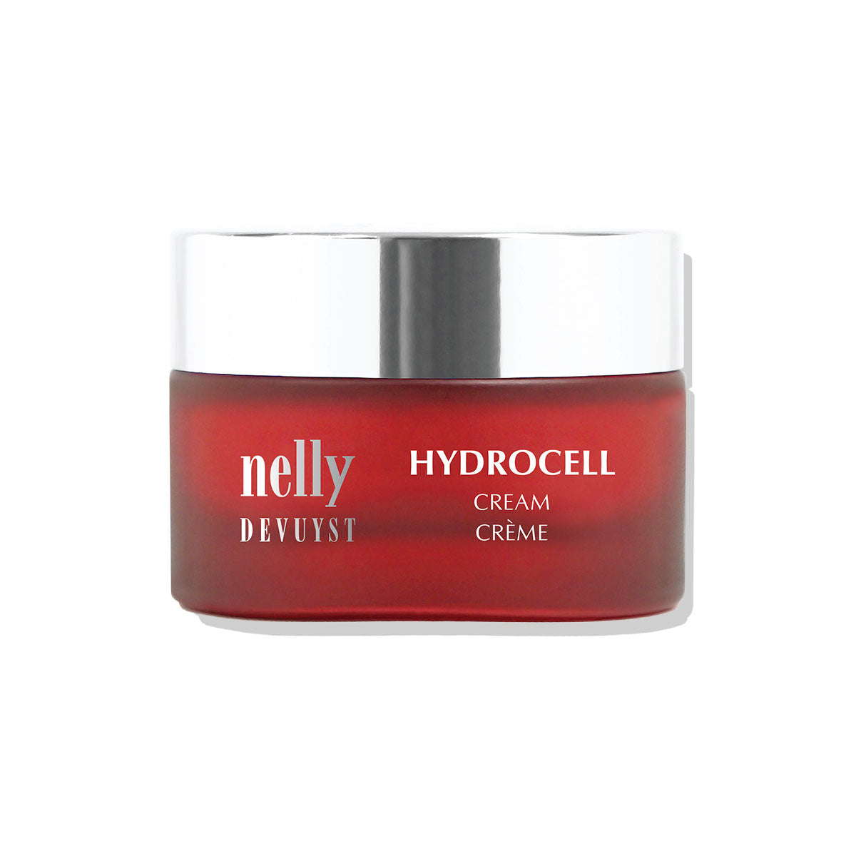 Pot rouge de la Crème Hydrocell Nelly DeVuyst, soin hydratant haute performance à base d’acide hyaluronique et de collagène marin.