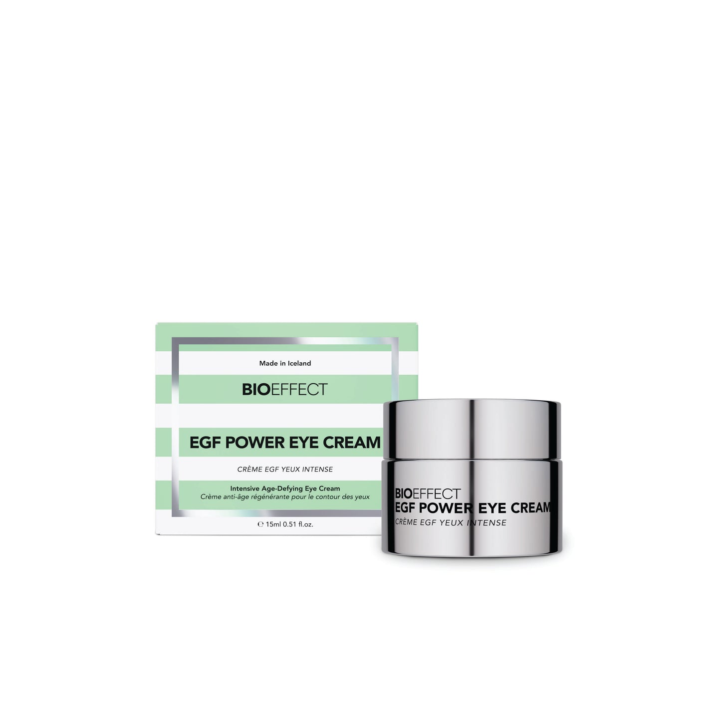 Creme EGF Power Eye Cream de Bioeffect placee devant sa boite d'emballage verte, mettant en valeur le design epure du produit.