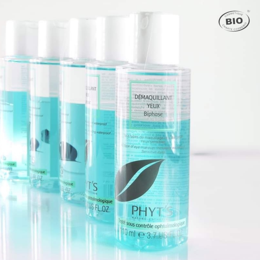 Démaquillant yeux biphase bio Phyt’s aux ingrédients naturels pour un démaquillage efficace et doux, même sur maquillage waterproof.