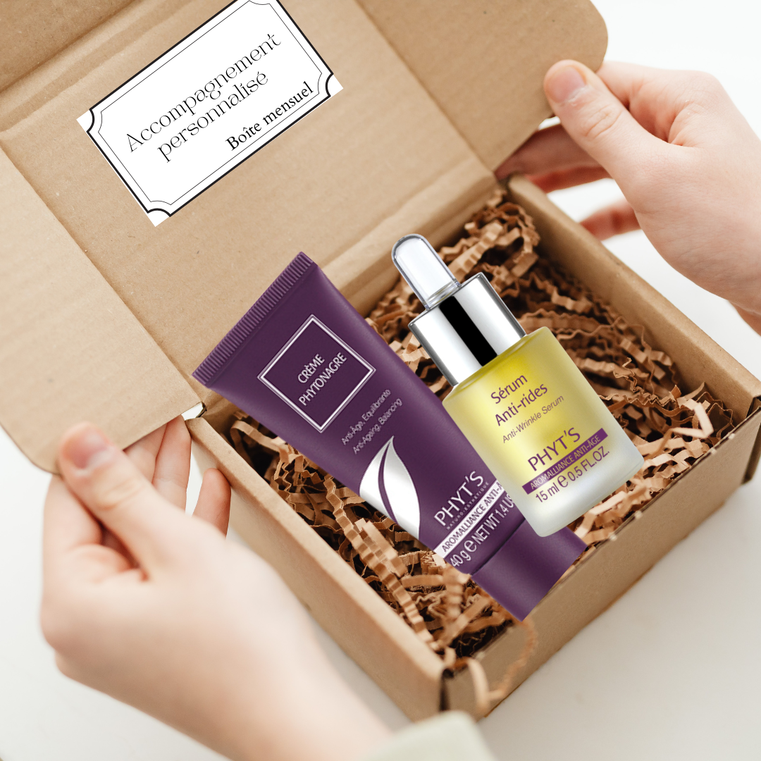 Illustration d’un coffret mensuel de l’Abonnement Beauté – Forfait Le Luxe, avec des soins haut de gamme Phyt’s pour une routine complète et personnalisée.
