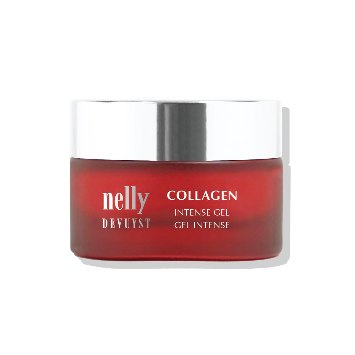 Pot rouge du Gel Intense Collagène Nelly DeVuyst, soin hydratant et raffermissant qui stimule la production naturelle de collagène pour une peau plus tonique et éclatante.