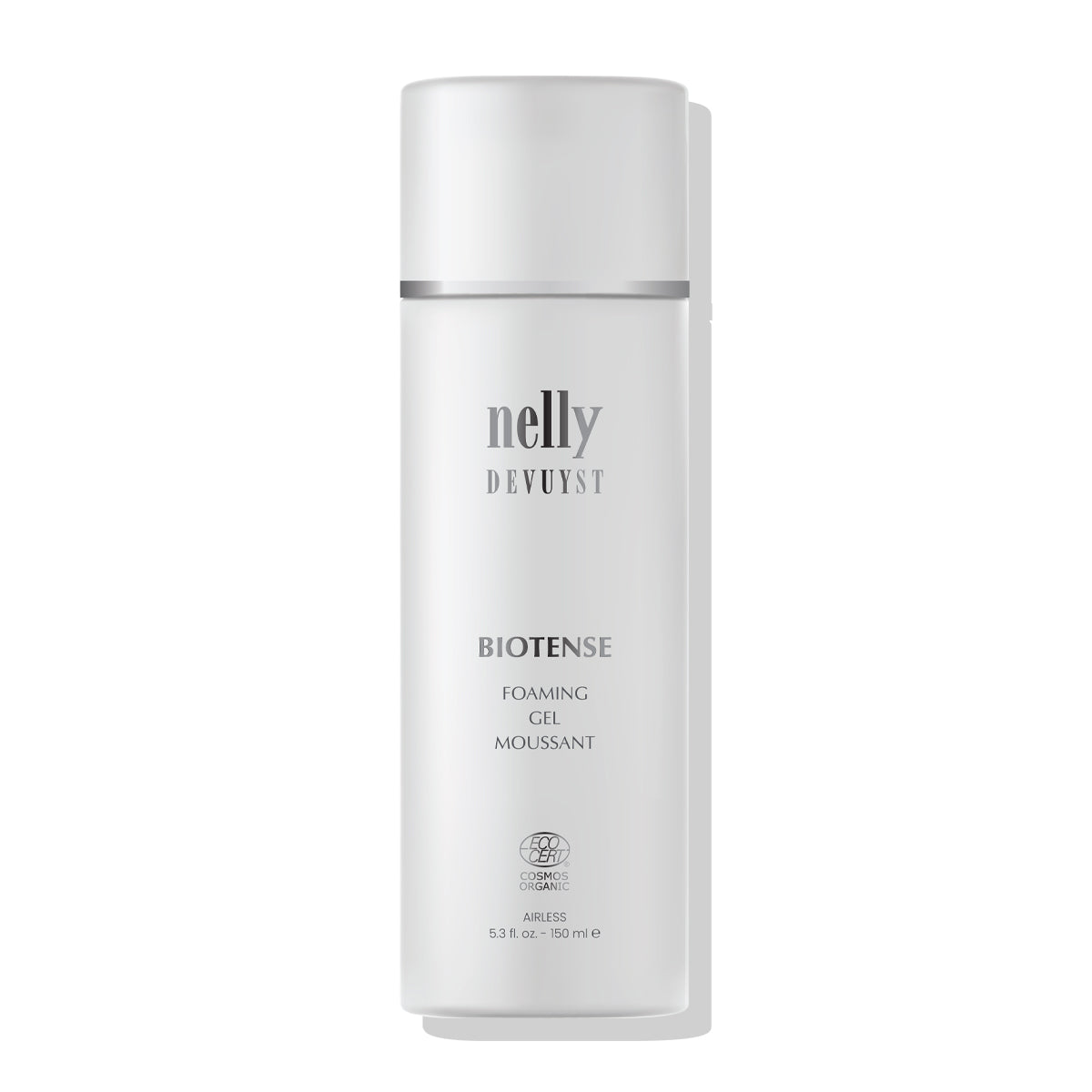 Gel Moussant BioTense de Nelly DeVuyst présenté en flacon airless, un gel nettoyant certifié biologique qui purifie, apaise et laisse la peau fraîche et éclatante.