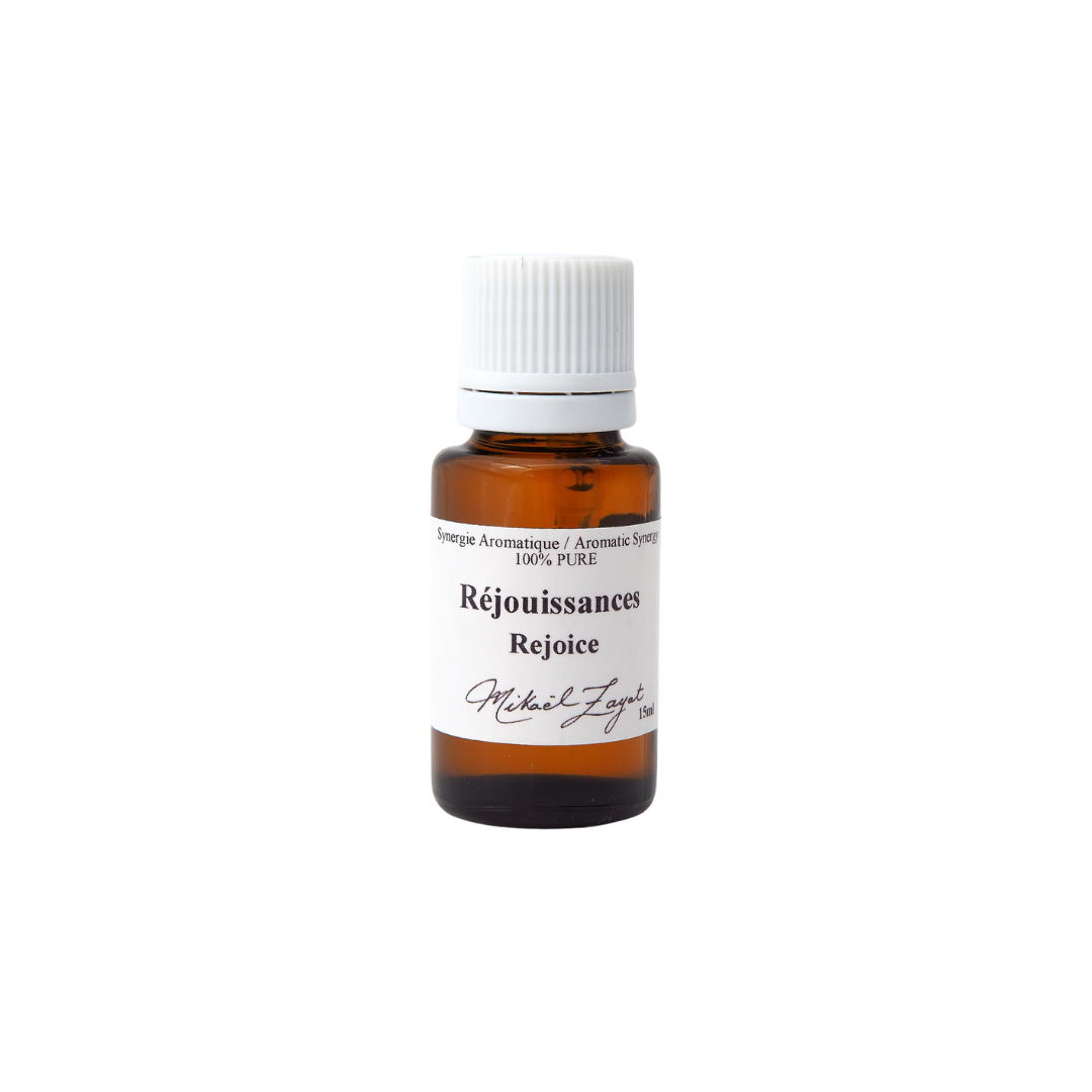 Bouteille d'huile essentielle Rejouissance de Mikael Zayat, une synergie 100% pure aux huiles essentielles, symbole d'euphorie et de bien-etre pour les moments joyeux.