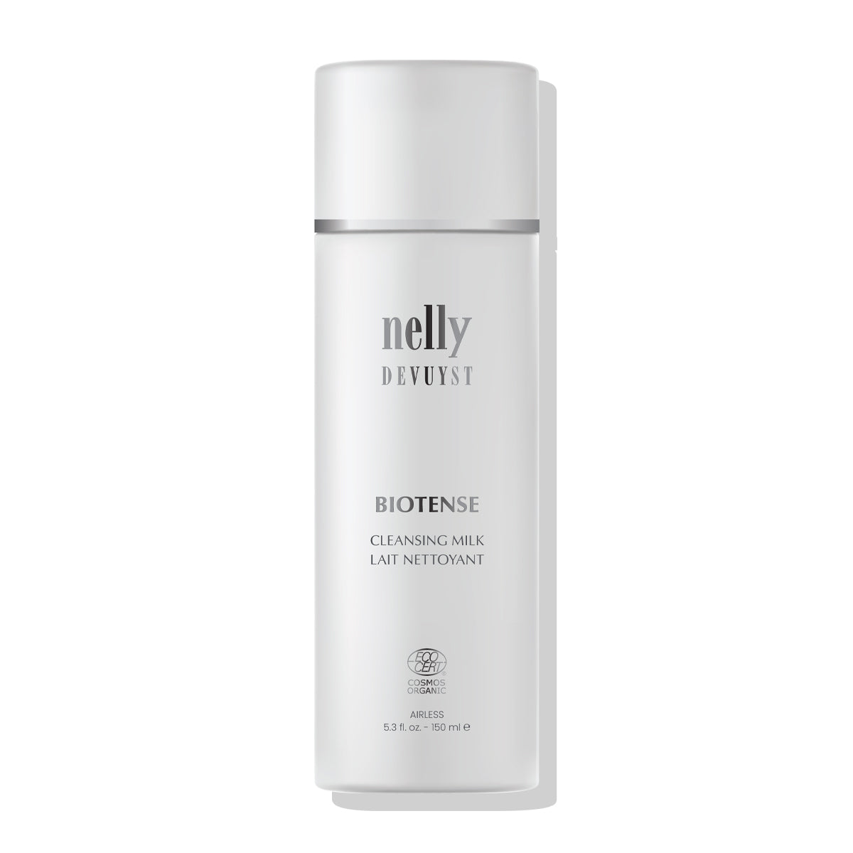 Lait Nettoyant BioTense de Nelly DeVuyst en flacon, une formule certifiée biologique qui élimine les impuretés tout en apaisant et hydratant la peau pour un nettoyage doux et efficace.