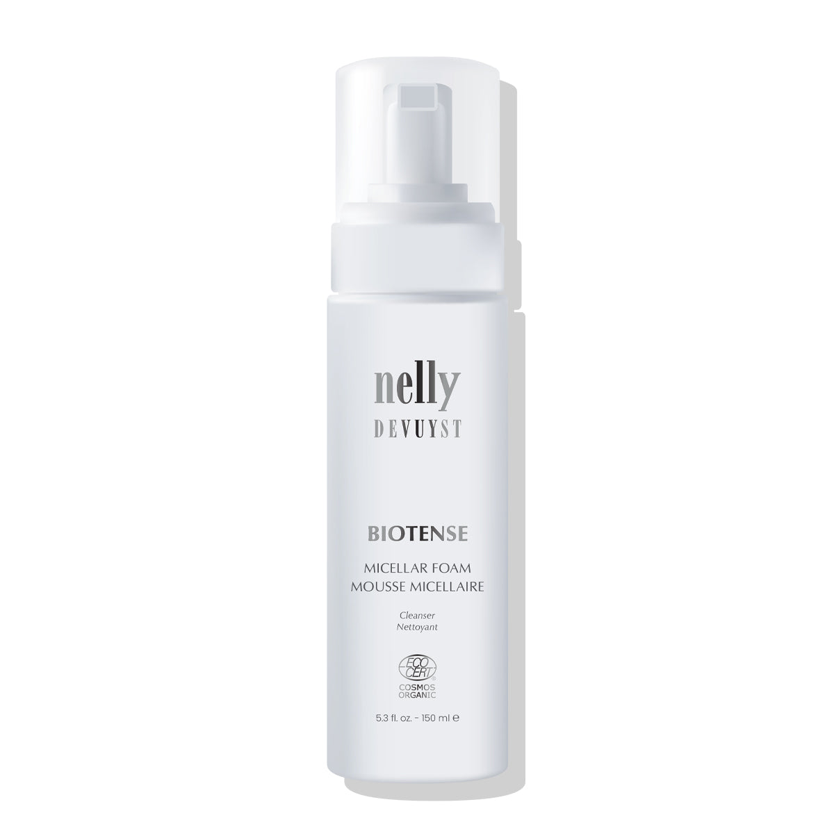 Mousse Micellaire BioTense de Nelly DeVuyst en flacon, un nettoyant biologique qui démaquille, purifie et adoucit la peau grâce à sa texture aérienne et ses micelles délicates.