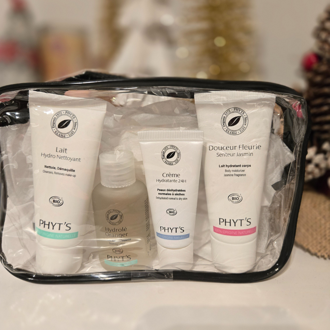 Ensemble de soins bio Phyt’s pour le visage et le corps au jasmin, parfait pour une routine douce et sensorielle en déplacement.