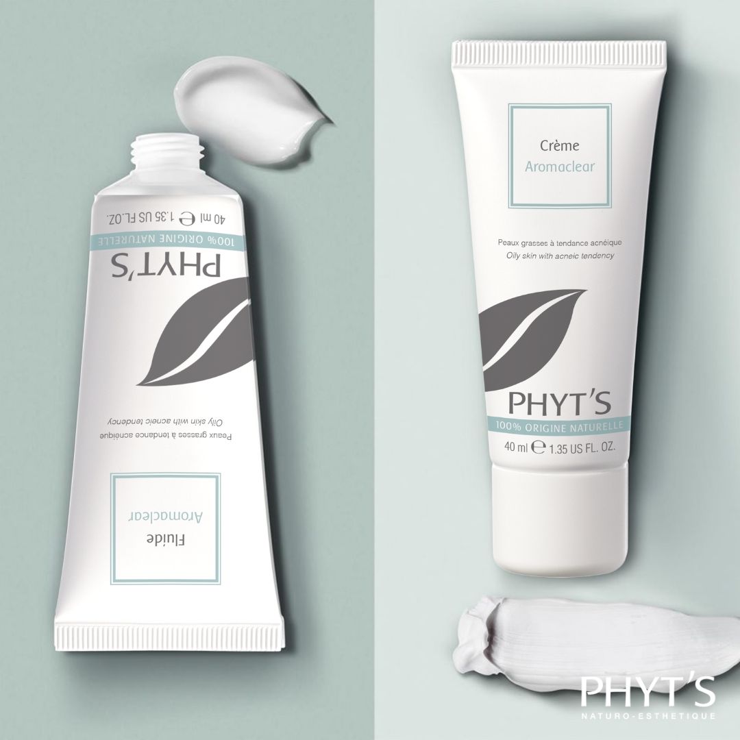 Présentation élégante de la Crème et du fluide Aromaclear Phyt’s et de leur texture spécifique pour peaux grasses et acnéiques à base d’actifs 100 % naturels