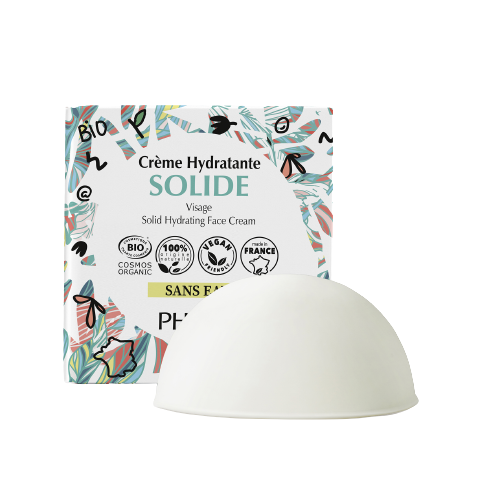 Crème hydratante solide bio pour le visage, sans parfum et certifiée Cosmos Organic, idéale pour une routine zéro déchet douce et protectrice.