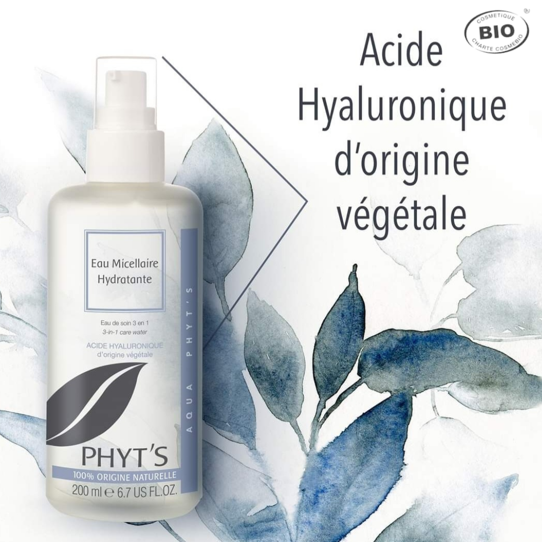 Eau micellaire hydratante Phyt’s à l’acide hyaluronique d’origine végétale pour nettoyer, tonifier et hydrater en un seul geste.