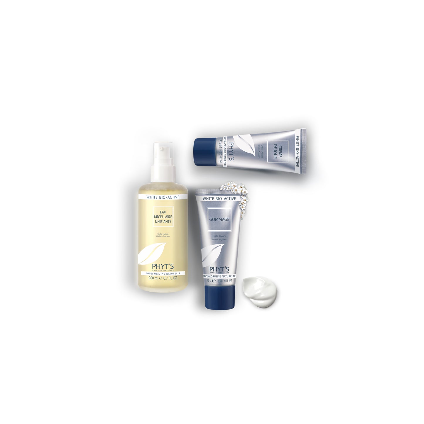 Produits visage éclat et uniformité White Bio-Active de Phyt’s avec eau micellaire, gommage et crème pour illuminer le teint et protéger la peau.