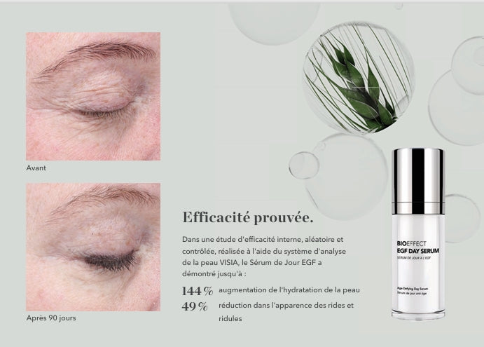 Comparaison avant/après 90 jours d’application du sérum EGF de Bioeffect montrant une nette réduction des rides, accompagnée de résultats cliniques prouvés.