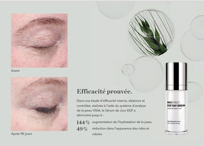 Comparaison avant/après 90 jours d’application du sérum EGF de Bioeffect montrant une nette réduction des rides, accompagnée de résultats cliniques prouvés.