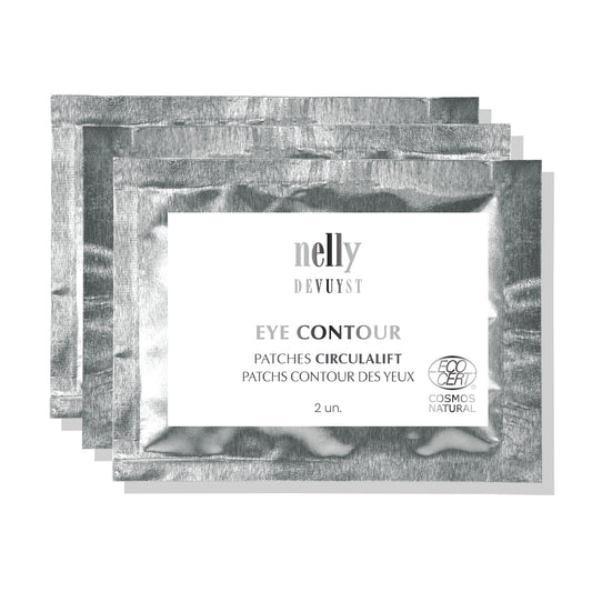Emballage des patchs Circulalift Nelly DeVuyst, un soin contour des yeux naturel certifié Ecocert conçu pour réduire les poches, lisser les ridules et raviver le regard.