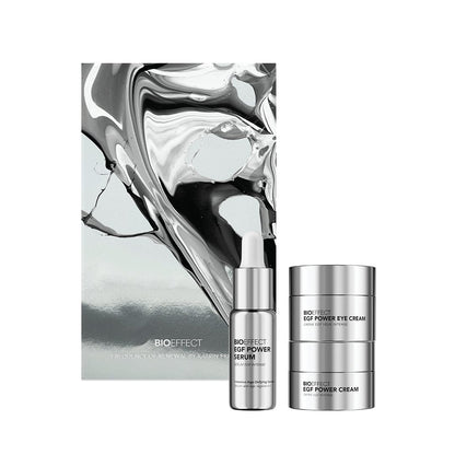 Édition limitée coffret Puissance Pure Bioeffect signé par l'artiste islandaise Katrin Fridriks, avec le trio EGF Power Serum, Power Cream et Power Eye Cream.