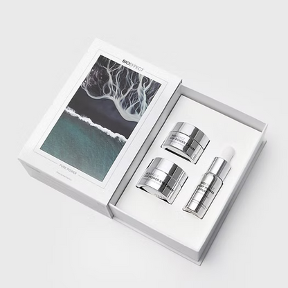 Coffret Bioeffect Pure Power avec sérum EGF Power, crème Power visage et contour des yeux power, conçu pour stimuler la régénération cutanée, raffermir la peau et lisser les signes de l’âge.