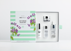 Coffret printanier EGF Bioeffect ouvert avec sérum, essence, crème hydratante et soin jour, conçu pour stimuler la régénération cellulaire, lisser la peau et raviver l’éclat du teint.