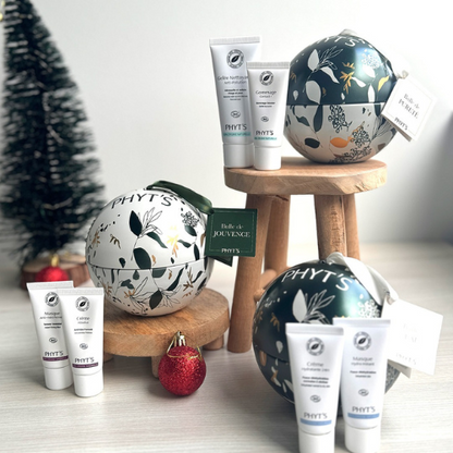 Ensemble des coffrets Bulles de Noël Phyt's – Jouvence, Pureté et Eau – parfaits pour offrir des soins ciblés selon chaque besoin de peau.
