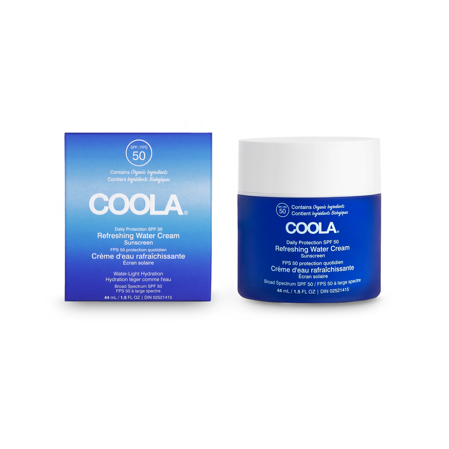 Duo pot et boîte de la crème d’eau rafraîchissante visage FPS 50 Coola, soin solaire hydratant à base d’ingrédients biologiques certifiés