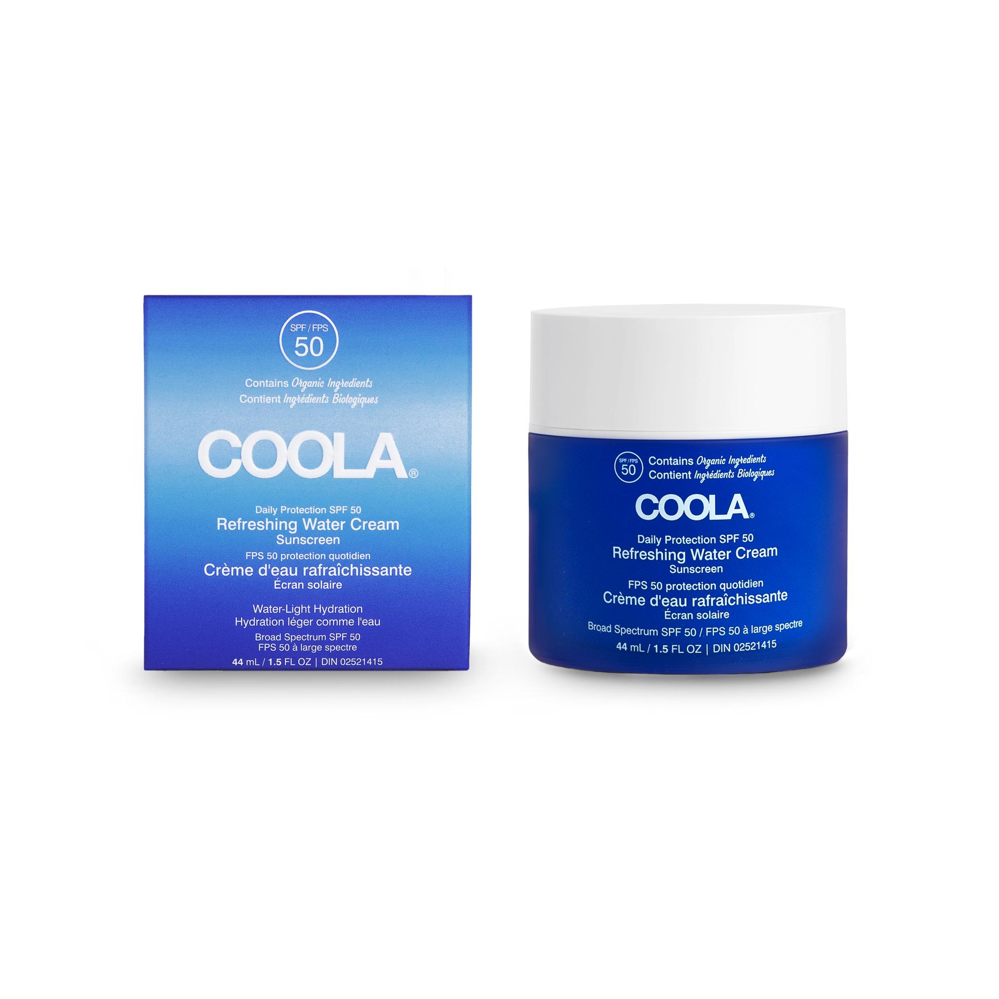 Duo pot et boîte de la crème d’eau rafraîchissante visage FPS 50 Coola, soin solaire hydratant à base d’ingrédients biologiques certifiés