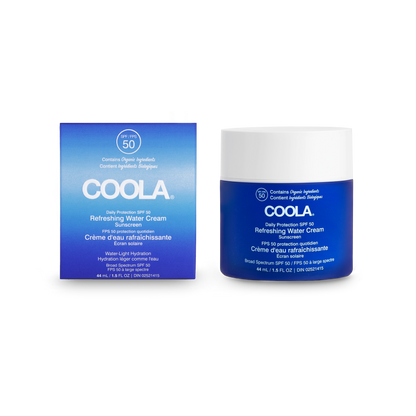 Duo pot et boîte de la crème d’eau rafraîchissante visage FPS 50 Coola, soin solaire hydratant à base d’ingrédients biologiques certifiés
