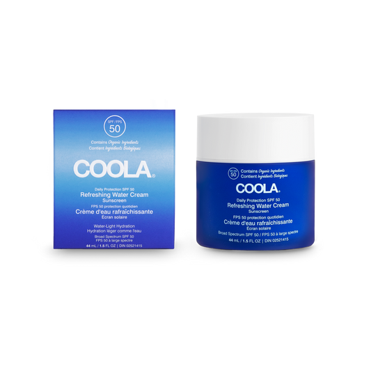 Duo pot et boîte de la crème d’eau rafraîchissante visage FPS 50 Coola, soin solaire hydratant à base d’ingrédients biologiques certifiés