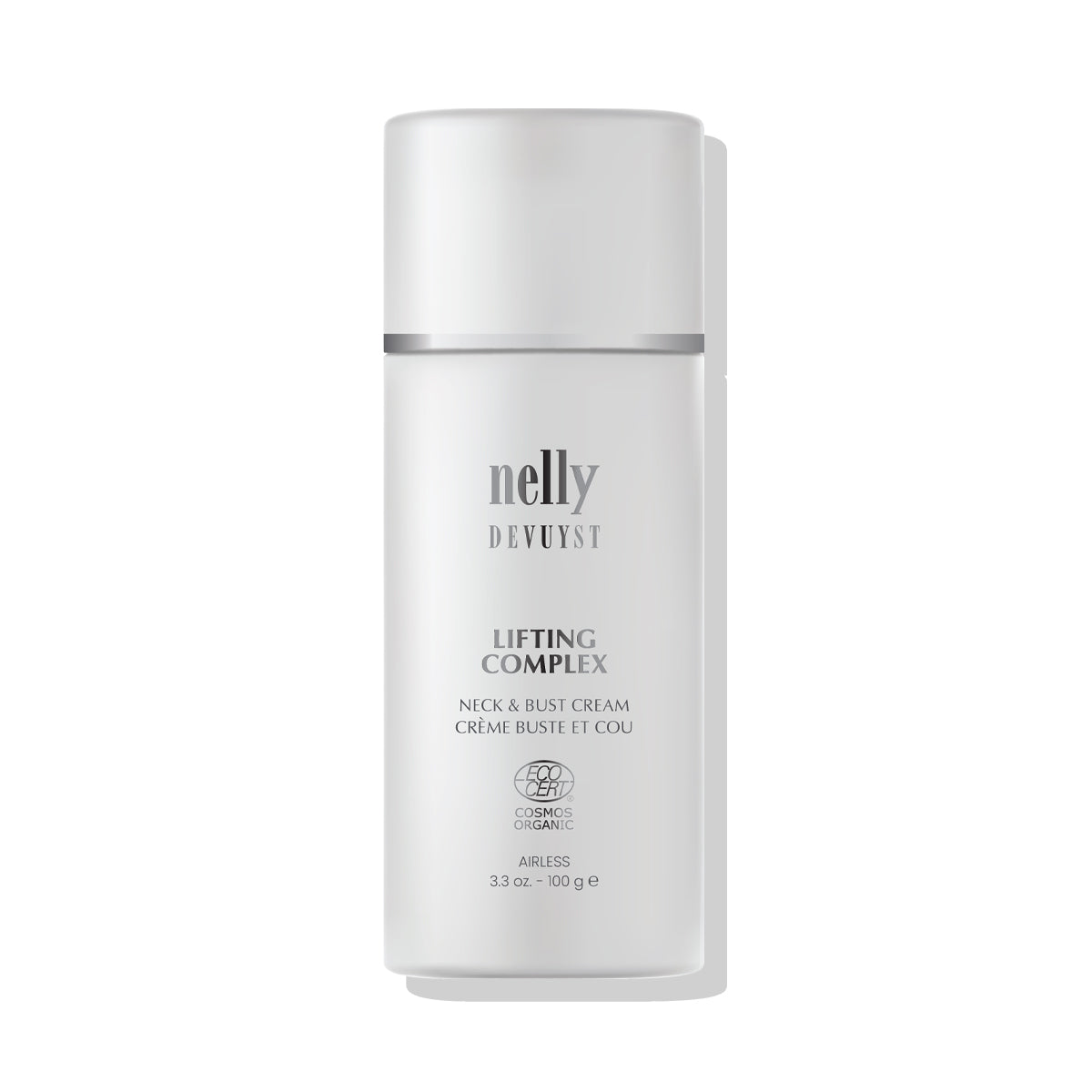 Flacon pompe airless 100 g de la Crème Cou et Buste Lifting Complex Nelly Devuyst, certifiée ECOCERT COSMOS Organic, soin lifting pour cou et décolleté.