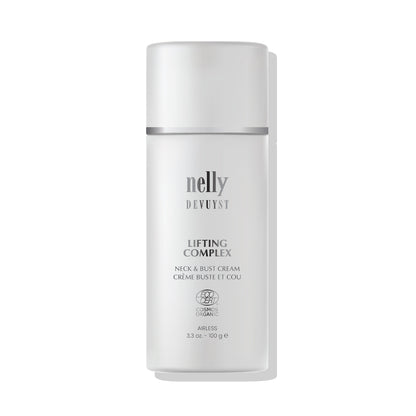 Flacon pompe airless 100 g de la Crème Cou et Buste Lifting Complex Nelly Devuyst, certifiée ECOCERT COSMOS Organic, soin lifting pour cou et décolleté.