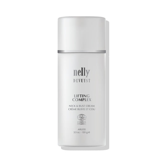 Flacon pompe airless 100 g de la Crème Cou et Buste Lifting Complex Nelly Devuyst, certifiée ECOCERT COSMOS Organic, soin lifting pour cou et décolleté.