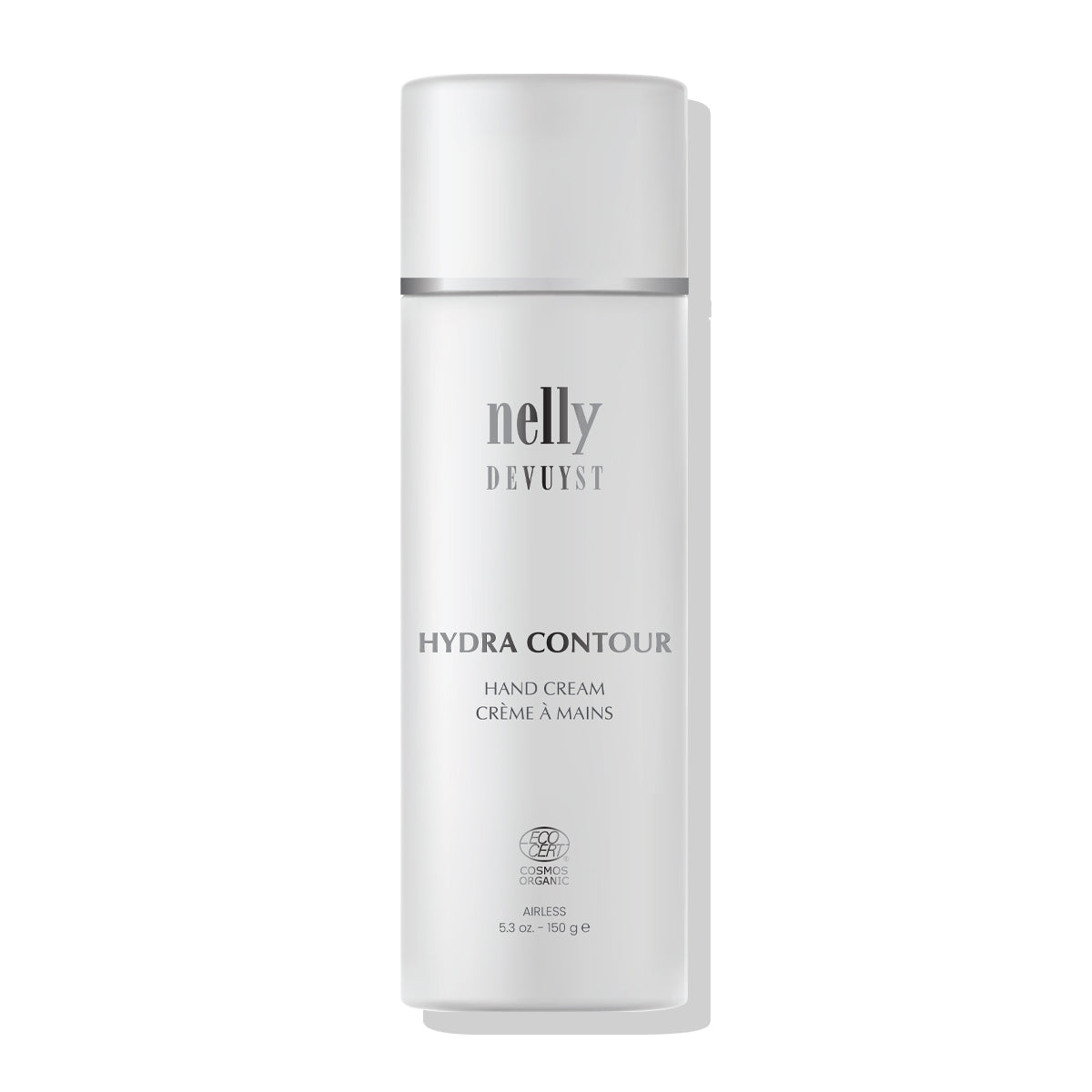 Flacon pompe airless 150 g de la Crème à Mains Hydra Contour Nelly Devuyst, certifiée ECOCERT COSMOS Organic, soin hydratant intensif pour mains sèches.