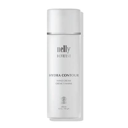 Flacon pompe airless 150 g de la Crème à Mains Hydra Contour Nelly Devuyst, certifiée ECOCERT COSMOS Organic, soin hydratant intensif pour mains sèches.