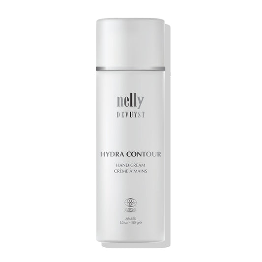 Flacon pompe airless 150 g de la Crème à Mains Hydra Contour Nelly Devuyst, certifiée ECOCERT COSMOS Organic, soin hydratant intensif pour mains sèches.