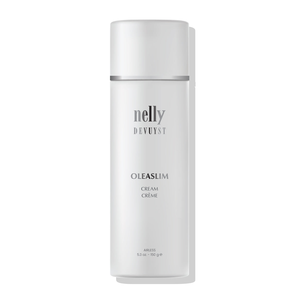 Flacon pompe airless 150 g de la Crème Oléaslim Nelly Devuyst, soin raffermissant anticellulite drainant et détoxifiant pour peau mature.