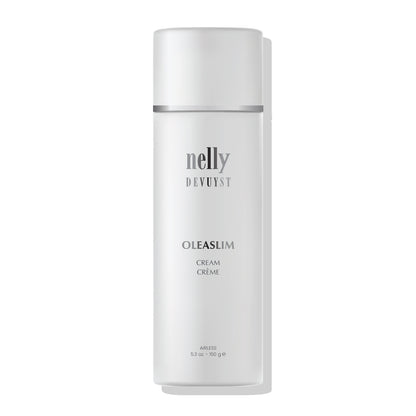Flacon pompe airless 150 g de la Crème Oléaslim Nelly Devuyst, soin raffermissant anticellulite drainant et détoxifiant pour peau mature.