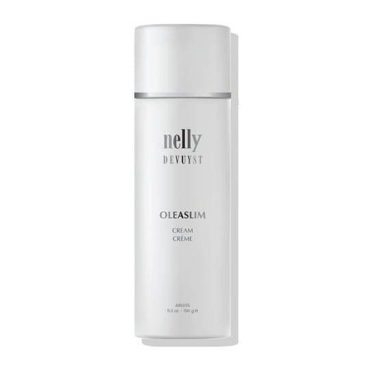 Flacon pompe airless 150 g de la Crème Oléaslim Nelly Devuyst, soin raffermissant anticellulite drainant et détoxifiant pour peau mature.
