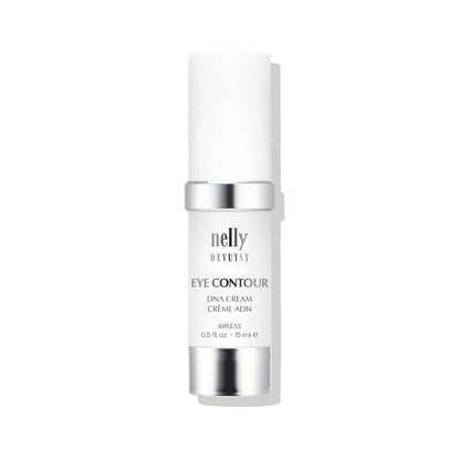 Flacon airless de la Crème ADN Contour Yeux Nelly DeVuyst, soin anti-âge hautement performant qui raffermit, hydrate et protège la zone fragile du contour de l’œil.