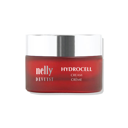 Pot rouge de la Crème Hydrocell Nelly DeVuyst, soin hydratant haute performance à base d’acide hyaluronique et de collagène marin.