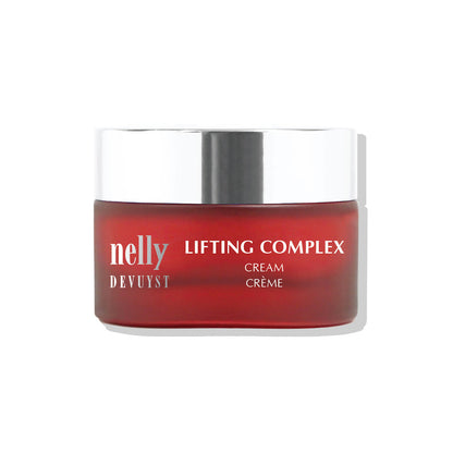Pot rouge de la Crème Lifting Complex Nelly DeVuyst, formule anti-âge certifiée bio conçue pour lisser les traits et redéfinir les contours du visage.