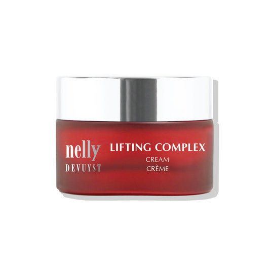 Pot rouge de la Crème Lifting Complex Nelly DeVuyst, formule anti-âge certifiée bio conçue pour lisser les traits et redéfinir les contours du visage.
