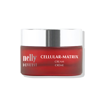 Pot rouge de la Crème Matrix Cellulaire Nelly DeVuyst, soin anti-âge certifié bio qui améliore la fermeté, l’élasticité et l’hydratation de la peau.