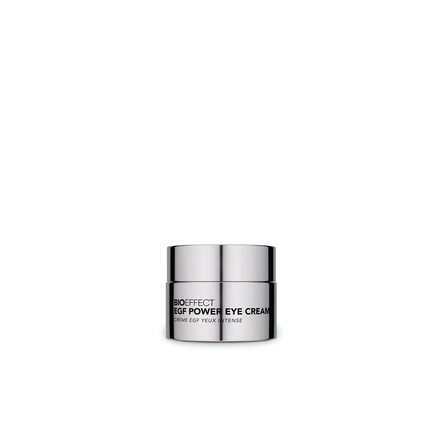 Photo du pot argenté de la creme EGF Power Eye Cream de Bioeffect, un soin contour des yeux intensif anti-age, sans emballage.