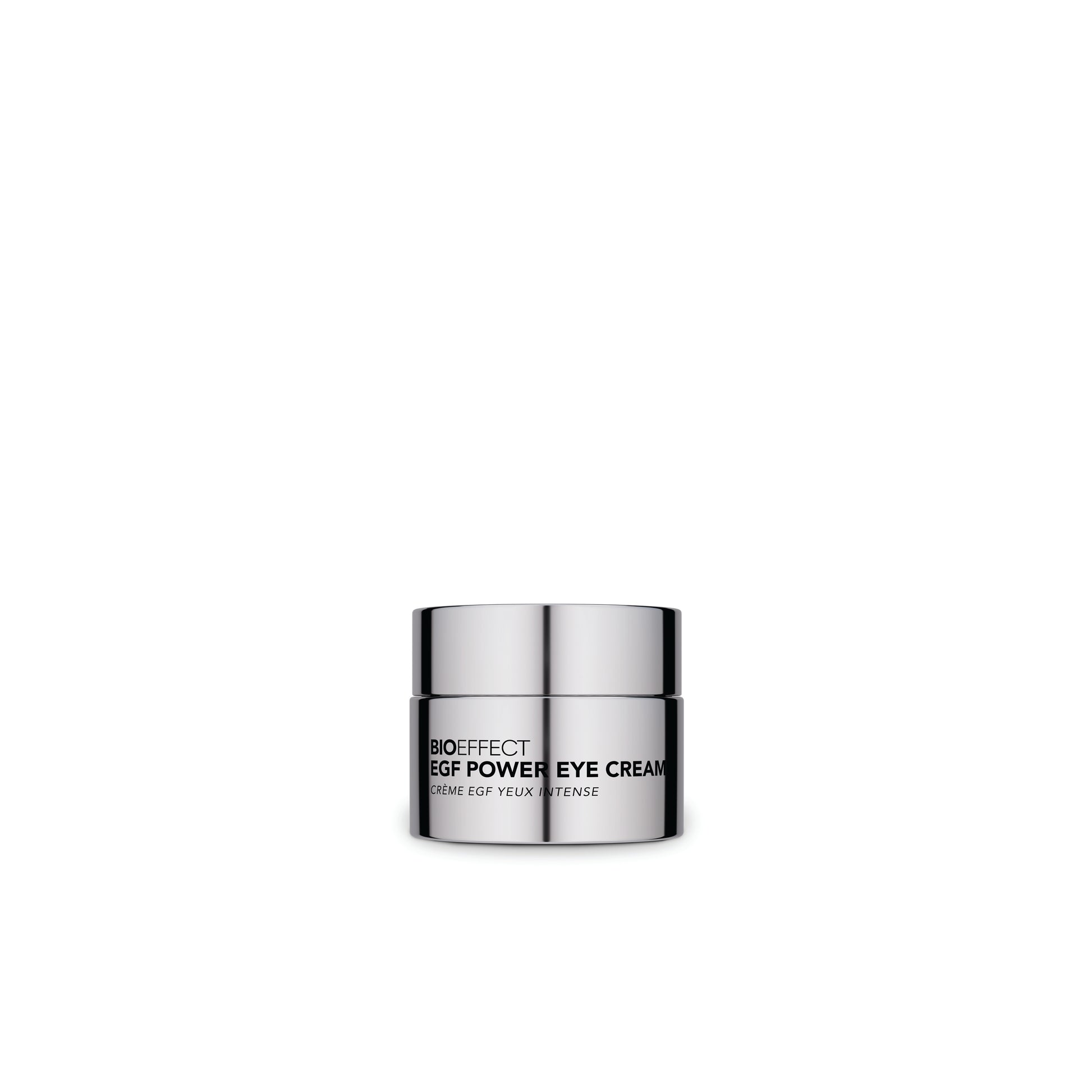 Photo du pot argenté de la creme EGF Power Eye Cream de Bioeffect, un soin contour des yeux intensif anti-age, sans emballage.