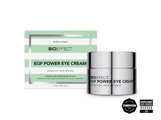 Creme EGF Power Eye Cream de Bioeffect accompagnée du prix Cosmopolitan Beauty Award et du Marie Claire Skin awards winner 2025, mise en valeur de son excellence.