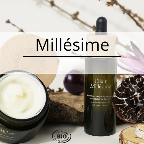 L’Elixir Millésime et sa crème complémentaire offrent un soin complet pour une peau éclatante et hydratée, enrichis d’ingrédients bio et luxueux.