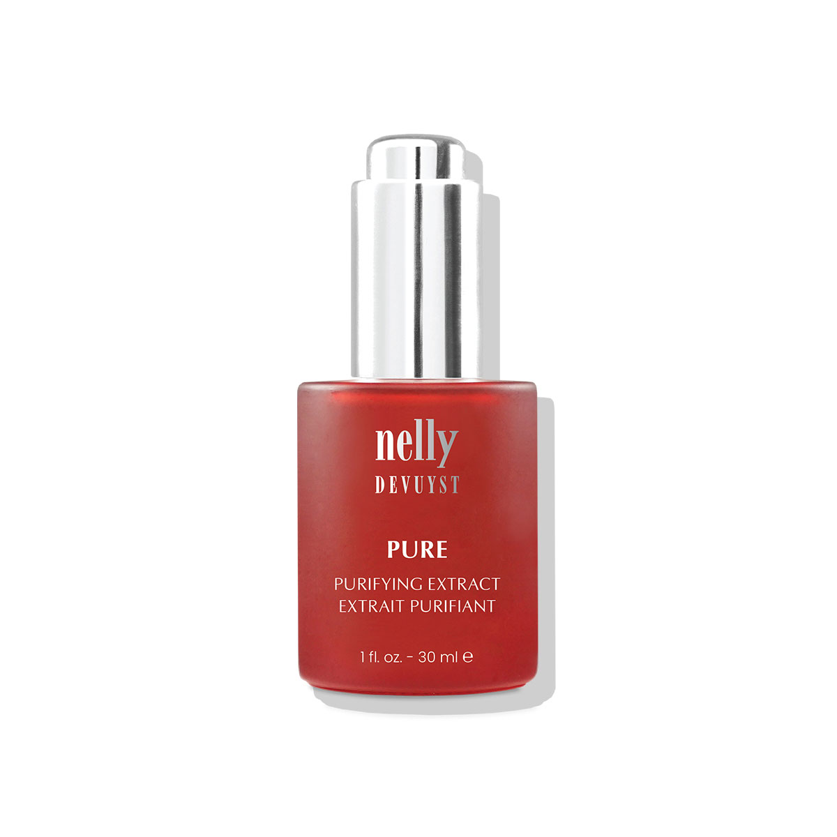 Flacon de l’Extrait Purifiant PURE de Nelly DeVuyst, un soin ciblé pour peau mixte et grasse conçu pour purifier, équilibrer et minimiser l’apparence des pores.