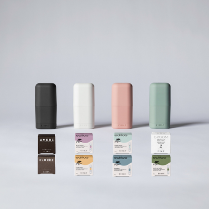 Application d’une gamme complète de déodorants rechargeables Kiima avec différents étuis et recharges parfumées, offrant une solution naturelle et zéro déchet.