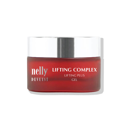 Gel Plus Lifting Complex de Nelly DeVuyst présenté en pot, soin visage raffermissant et anti-âge conçu pour redonner tonicité, fermeté et éclat aux peaux matures ou relâchées.